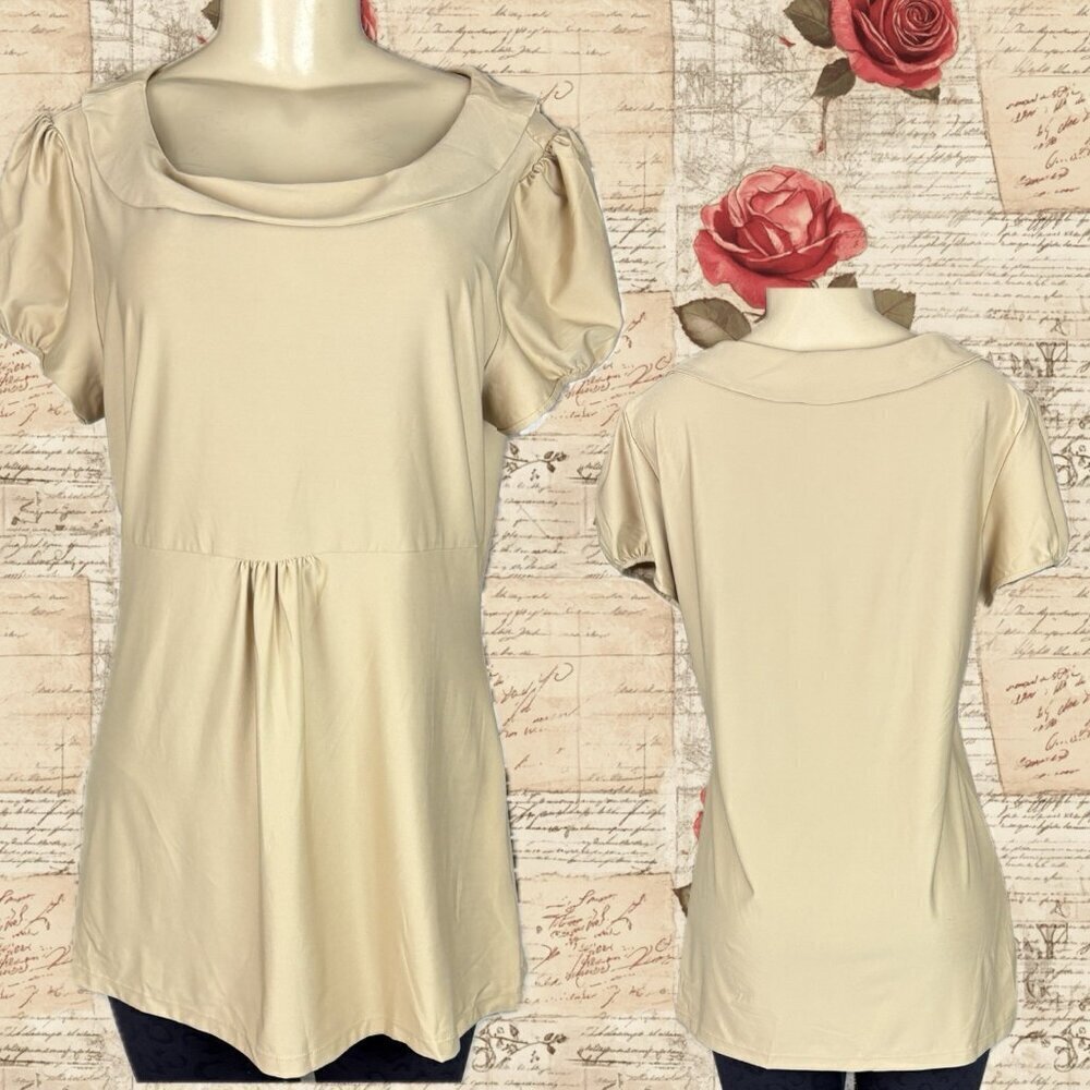 Essentials By Milano L Khaki Crew Collar Elastic Waist Short Sleeve Tunic Top